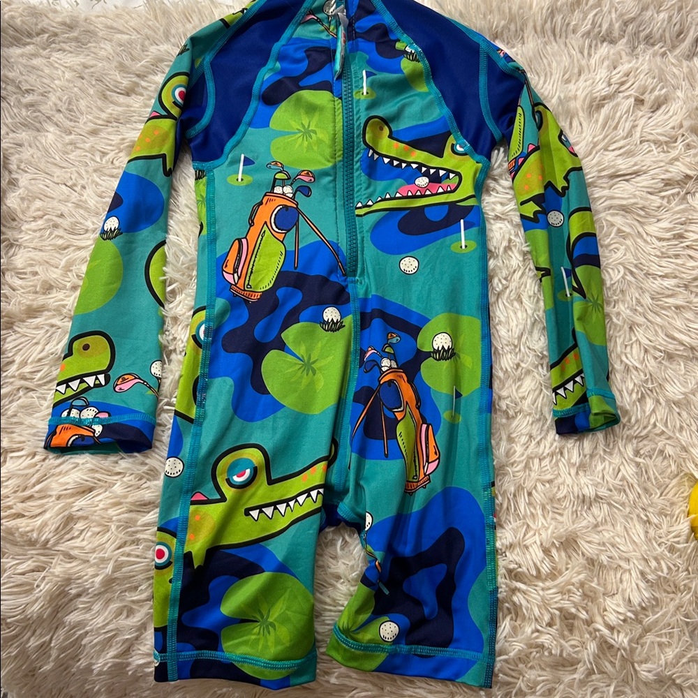KRIO Kids' Blue and Green Swimsuit with Dinosaur/Alligator Print - Picture 3 of 3